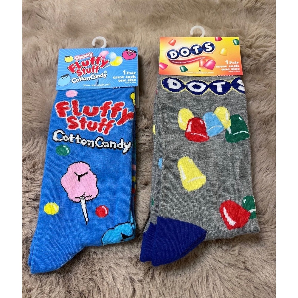 New 2-Pair Candy Novelty Crew Socks Dots & Fluffy Stuff Cotton Candy Size Adult